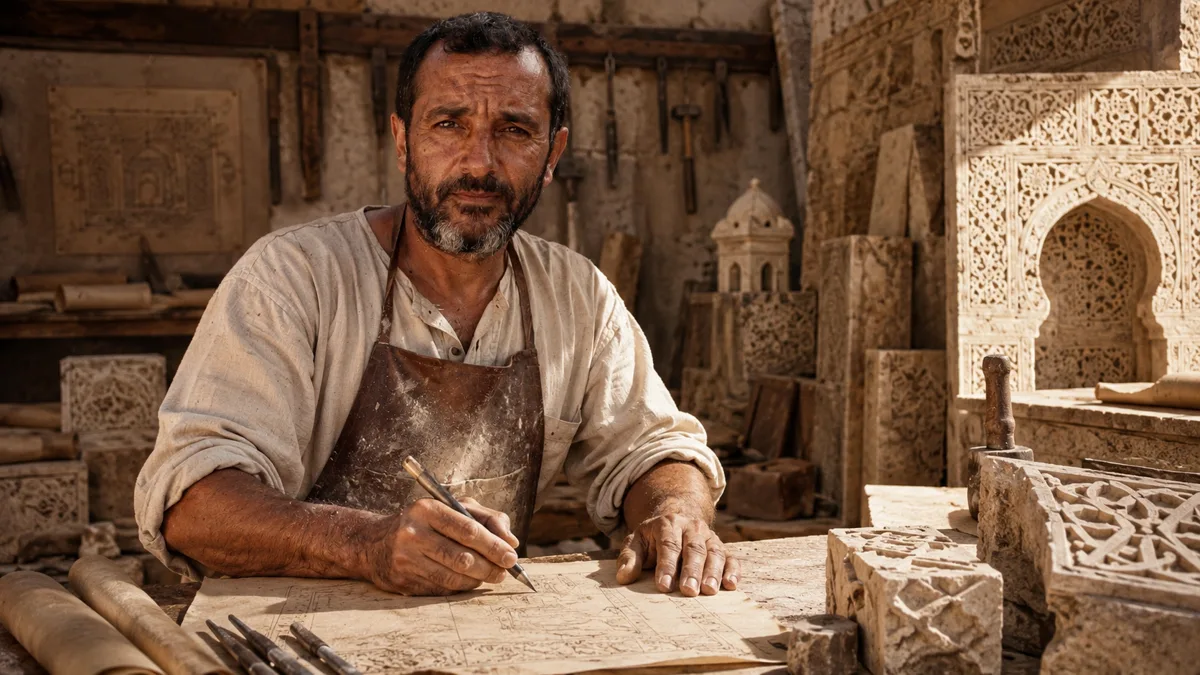 Yusuf, maestro de obras nazarí, trazando planos en su taller